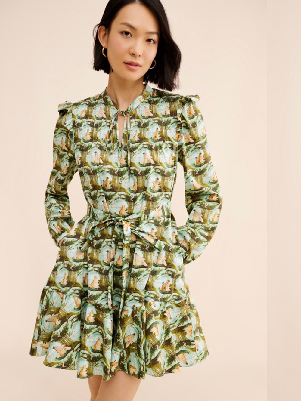 Large Rachel Antonoff Laura pleated mini dress dog pattern Green Long-Sleeve